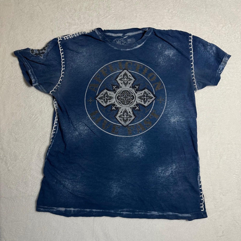 Affliction Live Fast XL Blue Acid Wash Graphic T-Shirt Whipstitch Cross Y2K